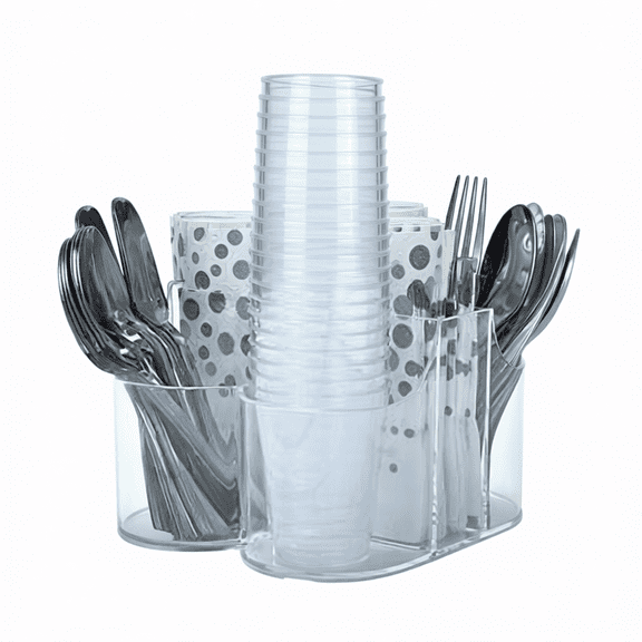 5 Compartment Acrylic Napkin Holder with Cutlery Organizer Caddy Bin, Divided Storage for Spoons, Forks, Knives & Cups, Clear Utensil Holder for Dining Table, Buffet, Party