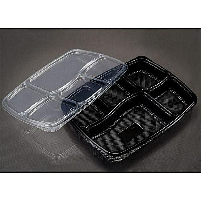 5 Compartment Black Disposable Plastic Plates w Lid 100pcs