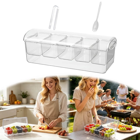 5 Compartment Chilled Ice Condiment Caddy with Lid & Serving Utensils, Clear Removable Tray Server, Cold Food Garnish Organizer for BBQ, Taco Bar, Buffet, Summer Party & Sundae Stations