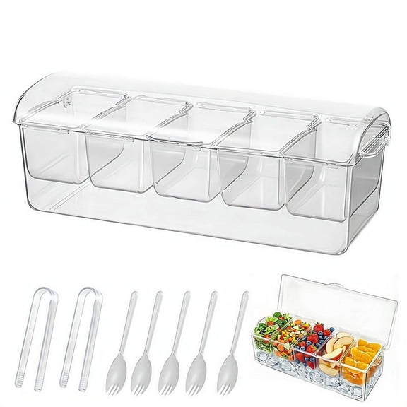 5-Compartment Chilled Serving Tray with Ice Base, Clear Removable Veggie Fruit Snack Containers with Lids, Portable Party Platter for Summer Picnic Beach BBQ