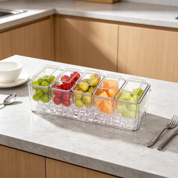 5 Compartment Clear Refrigerator Organizer Bin with Lid Pull Out Fridge Produce Storage Container, Plastic Food Storage Box for Vegetables Fruits and Eggs, Outdoor Picnic Box