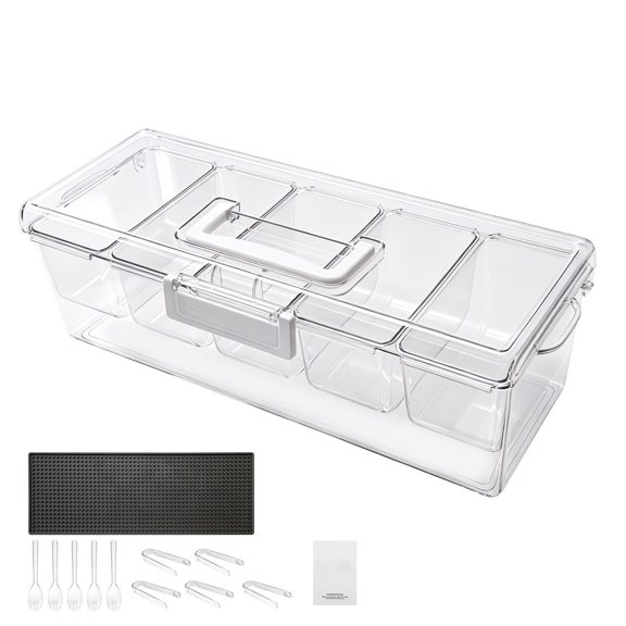 5-Compartment Cold Condiment Server with Ice and Lid, Durable Plastic Serving Tray for Taco Salad Bar, Party, Home, Restaurant