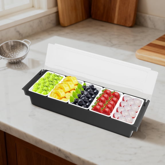 5 Compartment Condiment Caddy with Lid, Plastic Garnish Serving Container Tray, Multi-Purpose Dispenser Station for Ice Cream, Salad Bar & Bartender Use, Black & White