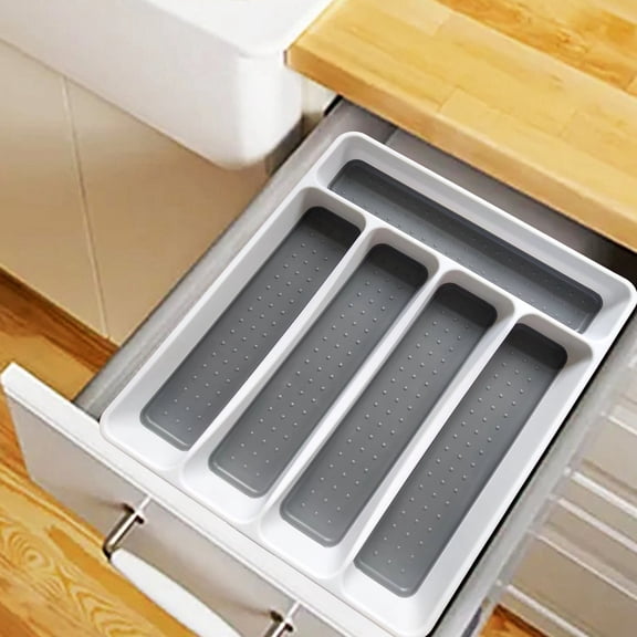 5-Compartment Cutlery Drawer Organizer Tray - Plastic Utensil Storage Solution for Spoons, Forks and Kitchen Tools - Grey