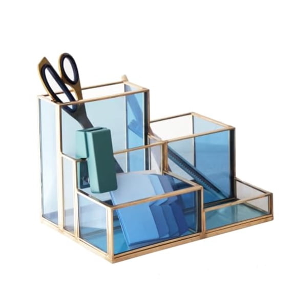 5-Compartment Desk Organizer for Home Office Supplies Gold Brass with Blue Glass Workspace Storage for Stationery Cosmetic Makeup Tools and Brush.