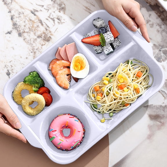 5-Compartment Divided Plates Tray for Balanced Diet, ZzCityTK Microwave Dishwasher Safe Reusable Dinnerware, Stackable Plastic Plates for Camping Picnic Party School Family, White
