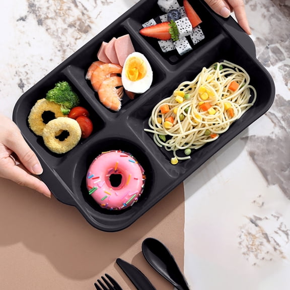 5-Compartment Divided Plates Tray for Balanced Diet, ZzCityTK Reusable Microwave Dishwasher Safe Dinnerware, Stackable Plastic Plates for Camping Picnic Party School Family, Black