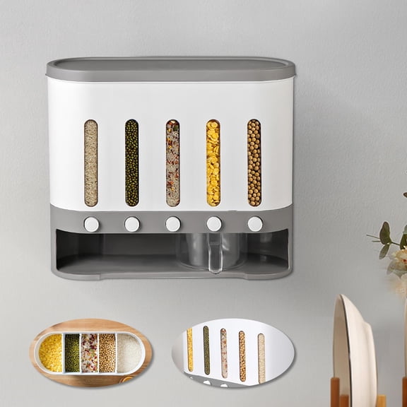 5-Compartment Dry Food Dispenser, 21L Capacity Wall Mount & Countertop Grain Storage Container, for Rice, Cereal, Pet Food, Easy Dispense