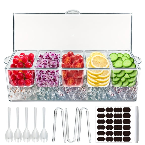 5-Compartment Ice Bar Serving Tray - Party Garnish Platter with Accessories