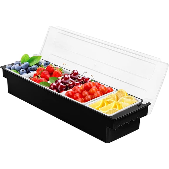 5 Compartment Plastic Dispenser Fruit Veggie Condiment Caddy with LidIce Cooled Condiment Serving Container Chilled Garnish Tray Bar Caddy for Home Work or Restaurant (Black)