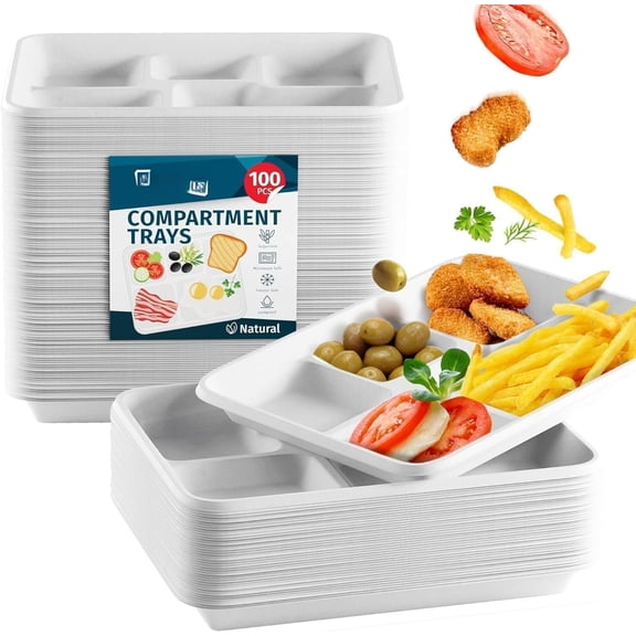 5 Compartment Plates Disposable Heavy Duty, 100 Pack Sugarcane Lunch Trays 12.5" x 8.6" for Schools, Cafeterias, Microwave Safe Compostable Paper Plates with Dividers Sectional