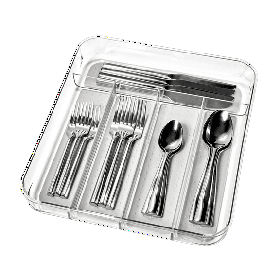 madesmart 5-Compartment Small Silverware Tray for Utensils, Flatware, Kitchen Drawer Organization and Storage, Soft-Grip, Clear