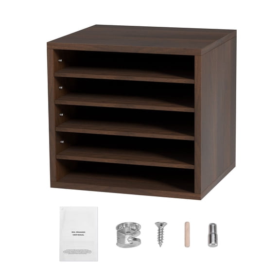 5 Compartment Small Brown Wooden Desktop Literature Mail Sorter, Adjustable Shelves 13.91213in EPA Certified File Organizer
