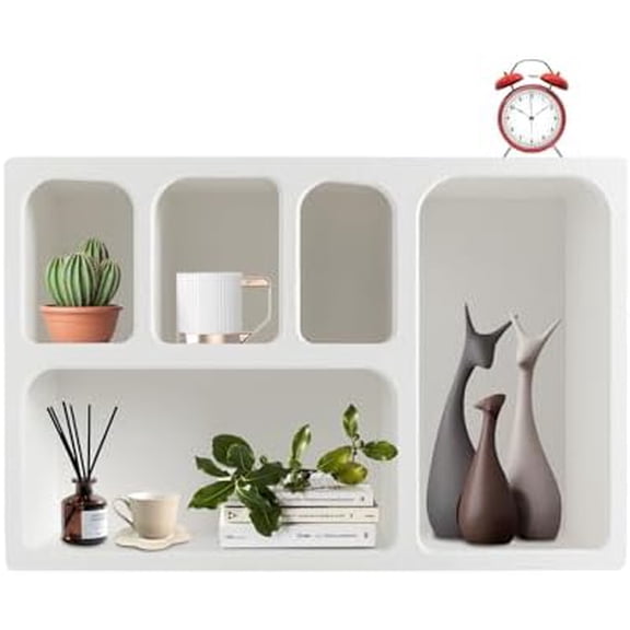 5-Compartment White Arched Floating Cabinet, Modern Geometric MDF Wall-Mount Storage Unit, Wall Mounted Storage Organizer for Bathroom, Living Room, Bedroom & Office Dcor