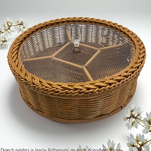 5-Compartment Woven Storage Basket with Clear Lid - Rustic Brown Polypropylene Organizer for Kitchen, Pantry, Gifts - Holiday Decor for Christmas, Halloween, Thanksgiving