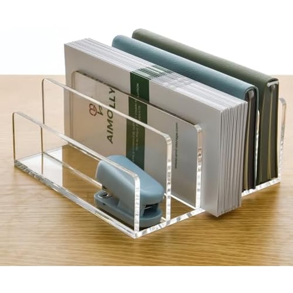 5 Compartments Clear Acrylic Mail Holder – Vertical Letter Sorter & Multifunction Desk Organizer for Bills, Documents, Notebooks – Modern Office/Home Envelope File Rack