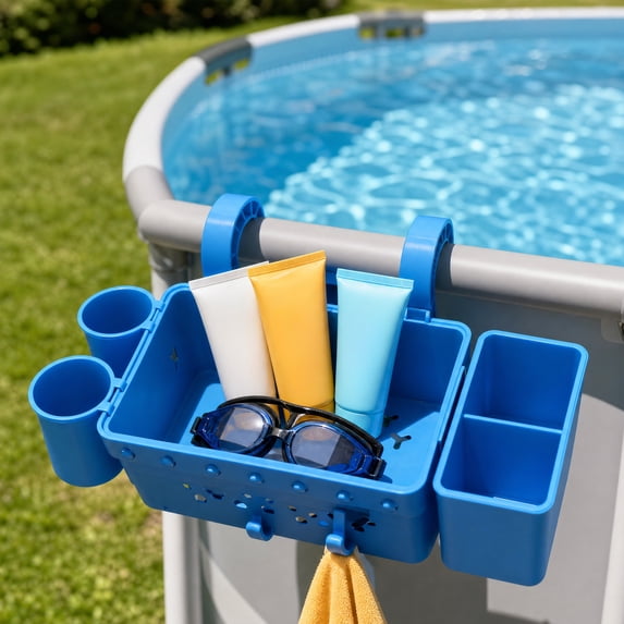 5-Compartments Hanging Pool Organizer Tray with 2 Built-in Cup Holders ...