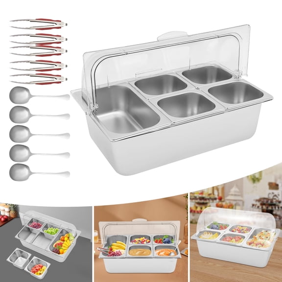5 Compartments Ice Food Serving Display Container, Condiment Containers with Lid, Salad Bar Buffet Station