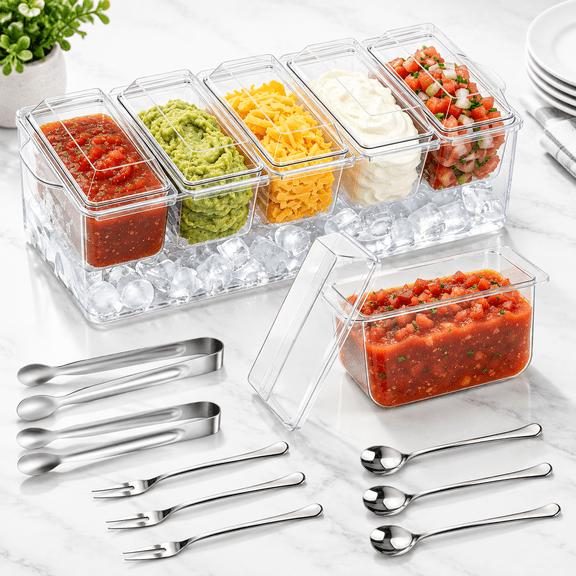 5-Container Condiment Serving Set with Chilled Tray and Utensils