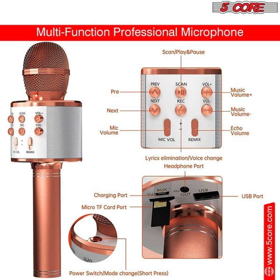 5 Core 3-in-1 Portable Wireless Bluetooth Karaoke Microphone, Handheld Mic with Built-In Speaker for Home Party Singing
