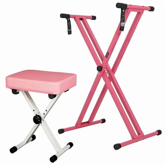 5 Core D0102HEF458 Keyboard Stand Double X Style Piano Riser Adjustable Holder Plus Keyboard Stool Thick Padded Piano Bench - Blush Pink