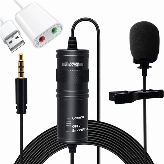 5 Core D0102HX6688 Professional Omnidirectional Lavalier Microphone 3.5 mm Clip-on Lapel Mic for Smartphone DSLR Camera PC Interview Video Camcorders Audio Recorder - CM 001 ADP - Black