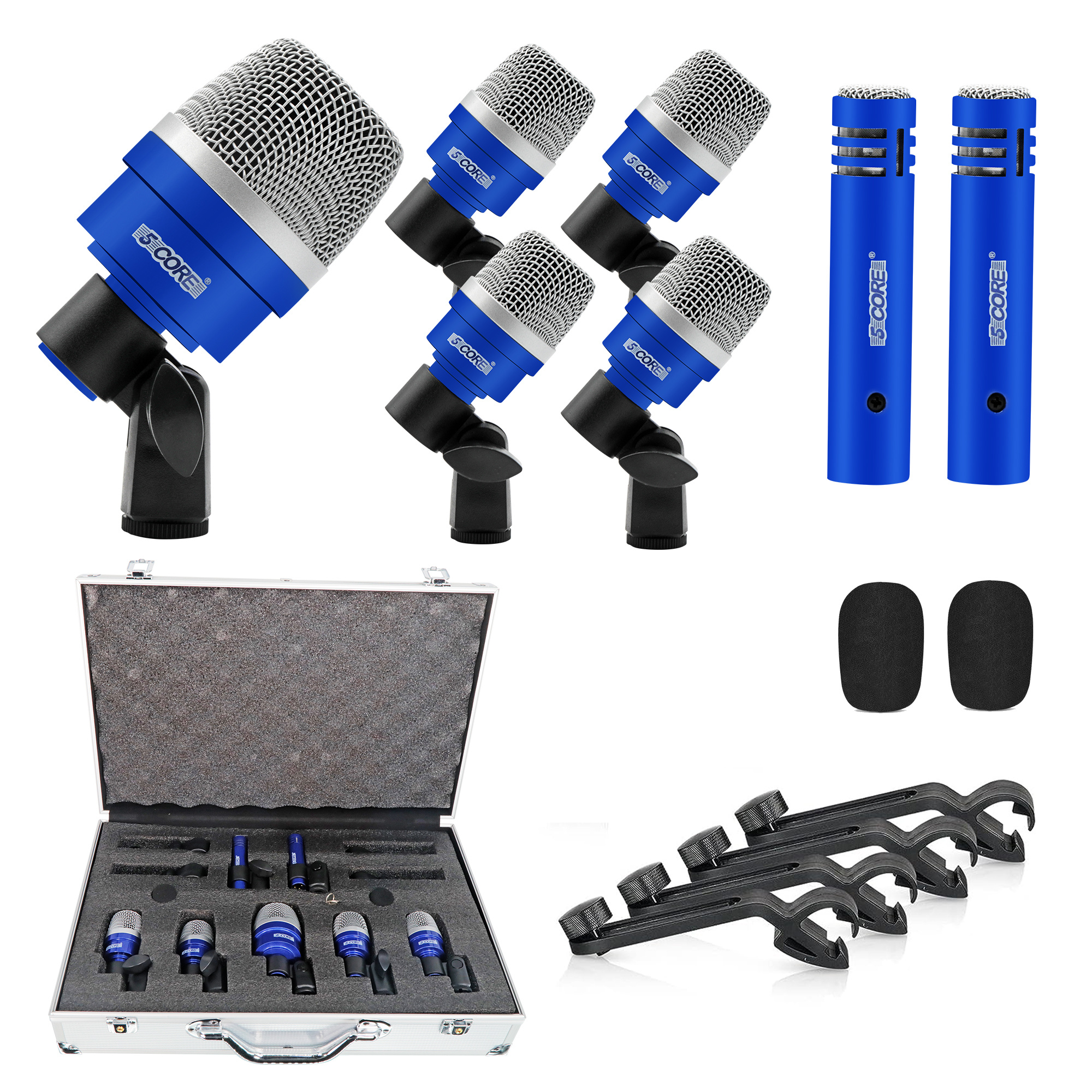 5 Core Drum Microphone Kit 7 Piece Wired Full Metal Dynamic Wired drums Mic Set for Drummers w