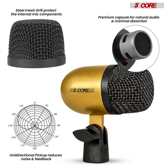 5 Core Drum Microphone Kit 7Pc All Metal Drummer Mics Tom/Snare & Cymbals Wired Instrument Drums Set