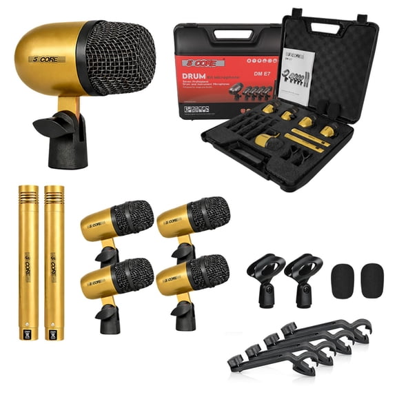 5 Core Drum Microphone Kit 7Pc All Metal Drummer Mics Tom/Snare & Cymbals Wired Instrument Drums Set