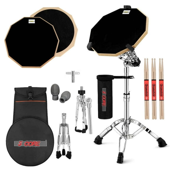 5 Core Drum Practice Pad Set 12" Adjustable Snare Drumming Stand Double Sided Silent Drummer Kit - DPAD COMBO BLK