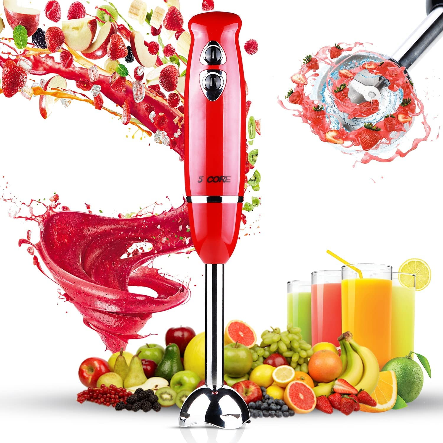5 Core Immersion Hand Blender 500W Multifunctional Powerful Electric  Handheld Blender 8 Variable speed Emersion Hand Mixer Stick BPA Free HB  1510 RED 