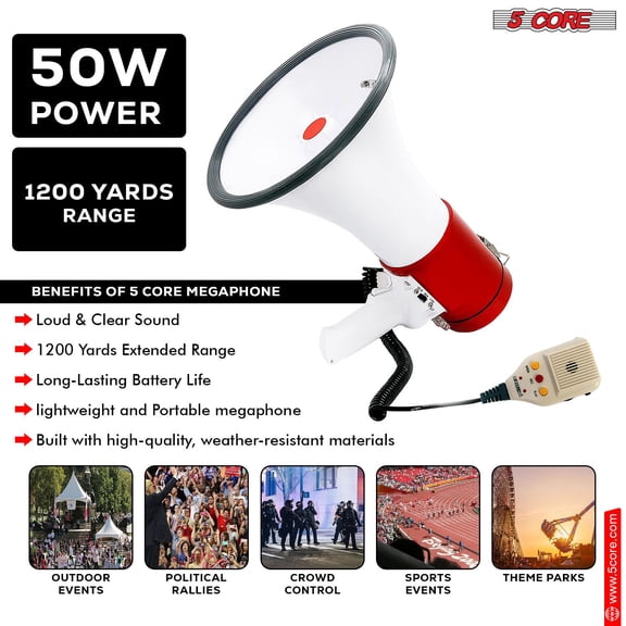 5 Core Megaphone 50W Bull Horn Professional PA Speaker w 1200 Yards Range Loud Siren Voice Amp