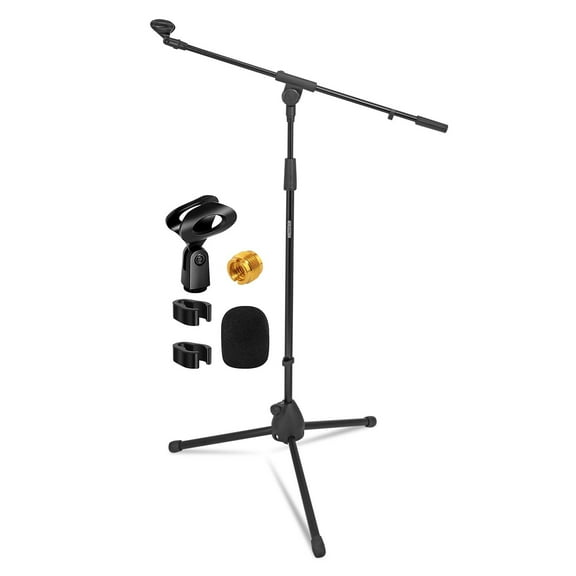 5 Core Mic Stand 1 Piece Collapsible Height Adjustable Up to 6ft Metal Microphone Tripod Stand w Boom Arm Para Microfono for Singing Karaoke Speech Stage Recording - MS 080 BLK