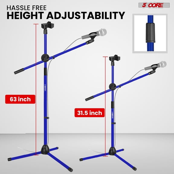 5 Core Mic Stand Floor Height Adjustable Tripod Microphone Stands w Extending Telescoping Boom Arm - MS DBL G