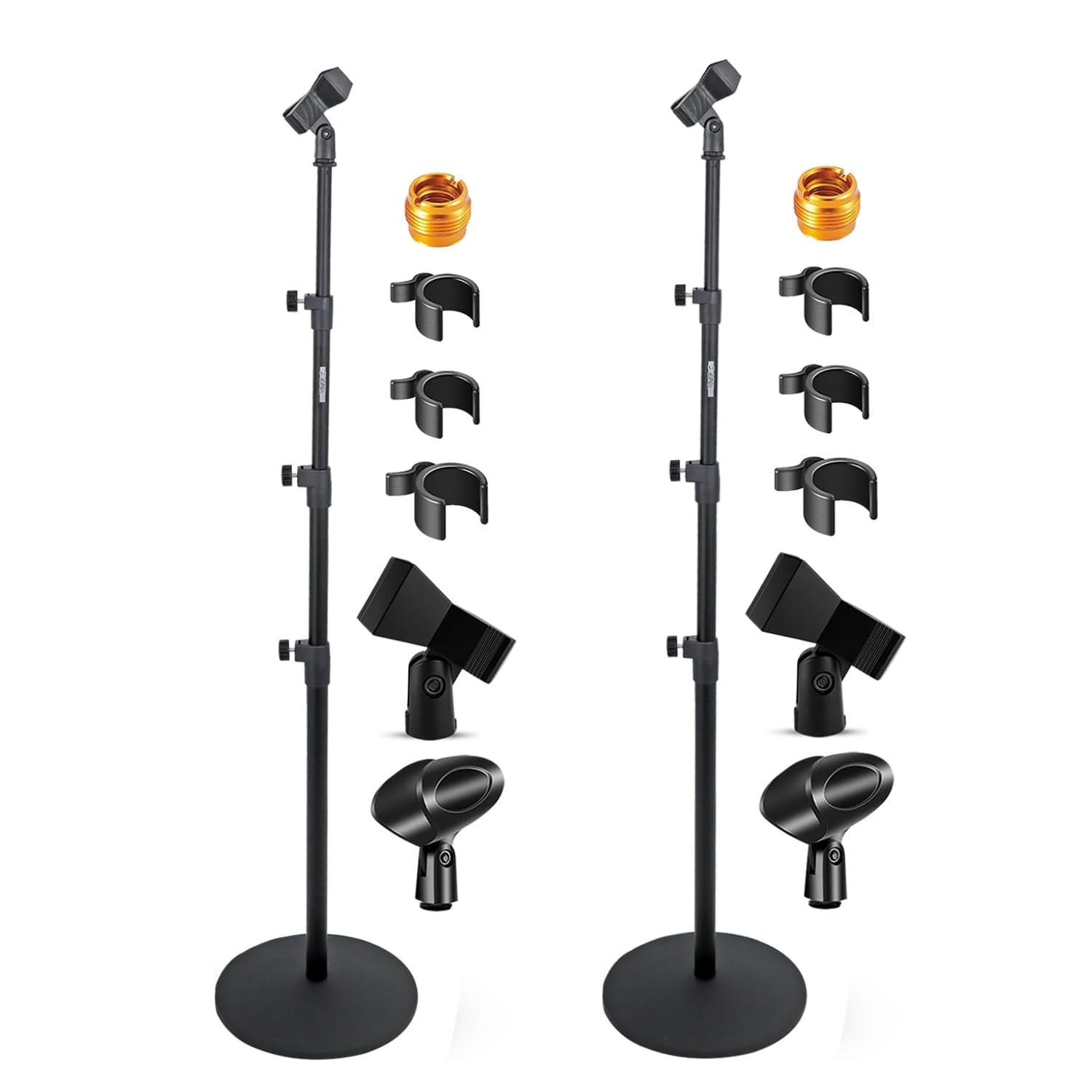 5 Core Mic Stand Pair Adjustable 67" Microphone Stands Floor Standing Design 3 Tier w Detachable Boom Mic Arm Round Base Includes Microfono Clips - MS RBL 3T 2PCS