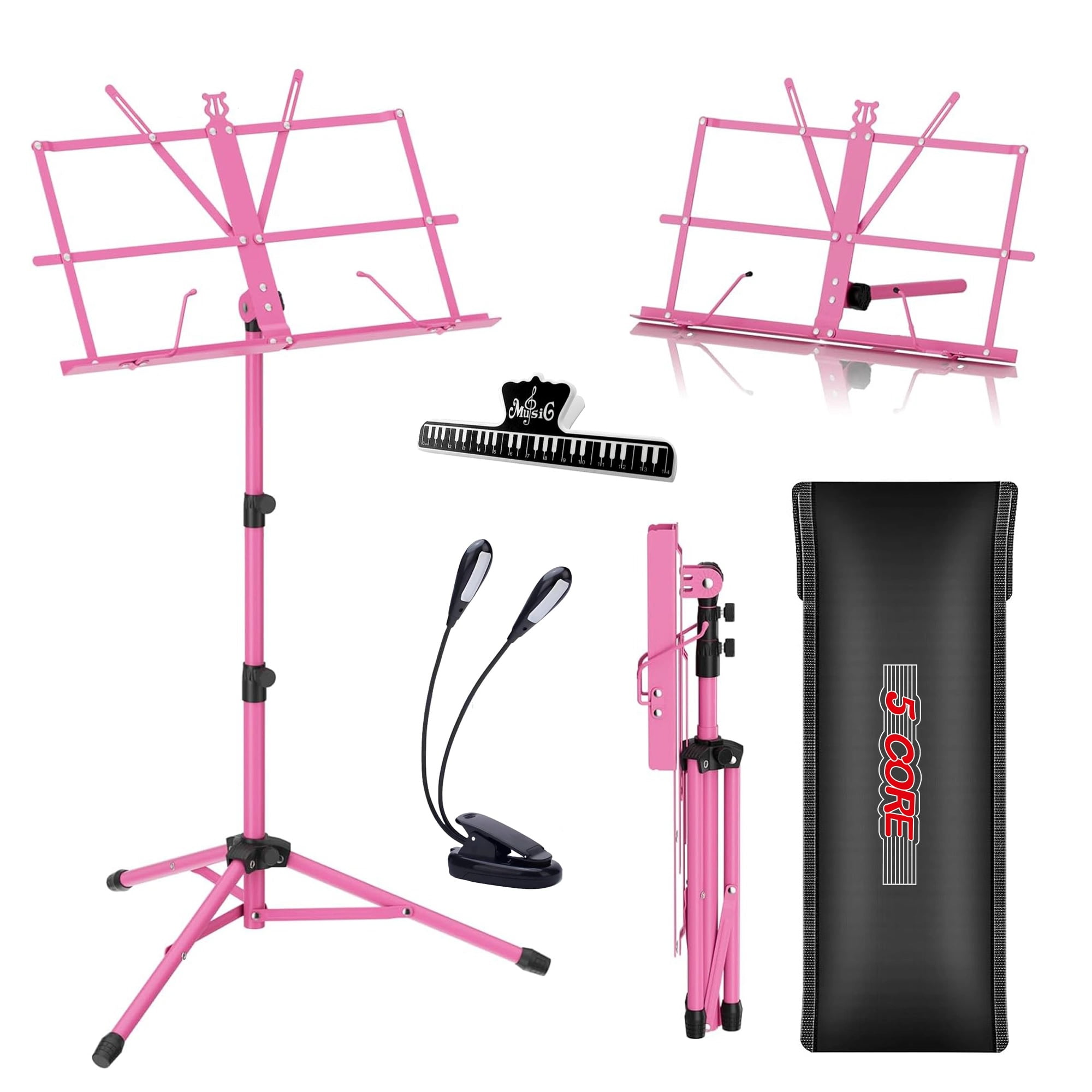 5 Core Music Stand, 2 in 1 Dual-Use Adjustable Folding Sheet Stand Pink