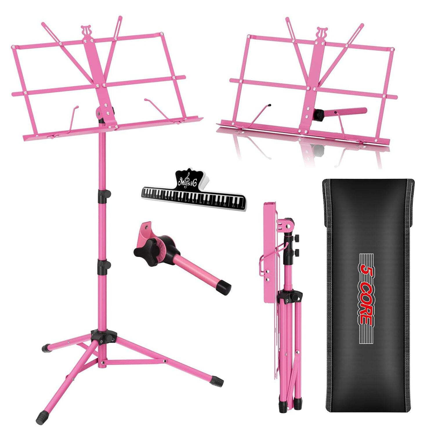 5 Core Adjustable Dual-Use Folding Music Stand, Portable Sheet Holder with Carrying Bag, 1 Piece