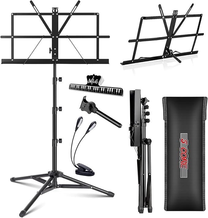 5Core Music Stand For Sheet Music Portable Tripod Adjustable Folding With Lights Note Holder BLACK