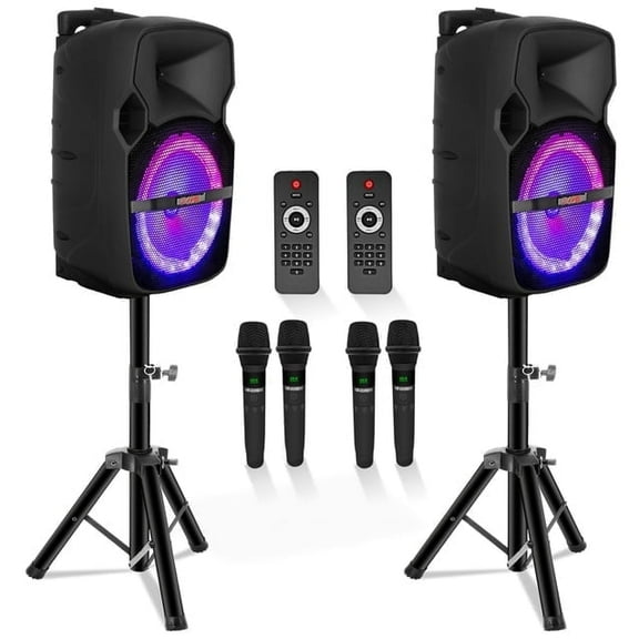 5 CORE 12 Inch TWS PAIR Bluetooth Party Speakers 1000 Watt Portable Karaoke PA System Rechargeable Loud Speaker + 2x Tripod Stand 4x Wireless Mics LED Light Active Home 12 2-MIC 2PCS