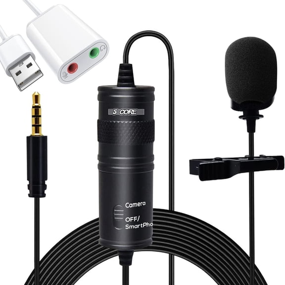 5 Core Professional Omnidirectional Lavalier Microphone 3.5mm Clip-On Lapel Mic for Smartphone DSLR Camera PC Interview Video Camcorders Audio Recorder cm 001 ADP