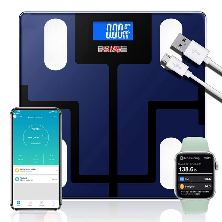 5 Core Smart Rechargeable Bathroom Scale - Body Fat, Water Weight,  Bluetooth