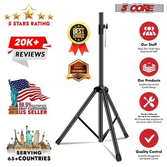 5 Core Speaker Stand Tripod Floor Heavy Duty Adjustable Up to 72 Inch DJ Studio Monitor Stands Pole Mount - SS HD BLK WOB