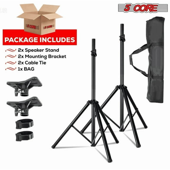 5 Core Speaker Stand Tripod Pair Floor Heavy Duty Adjustable Up to 72 Inch DJ Studio Monitor Stands Pole Mount - SS HD 2PK BLK BAG