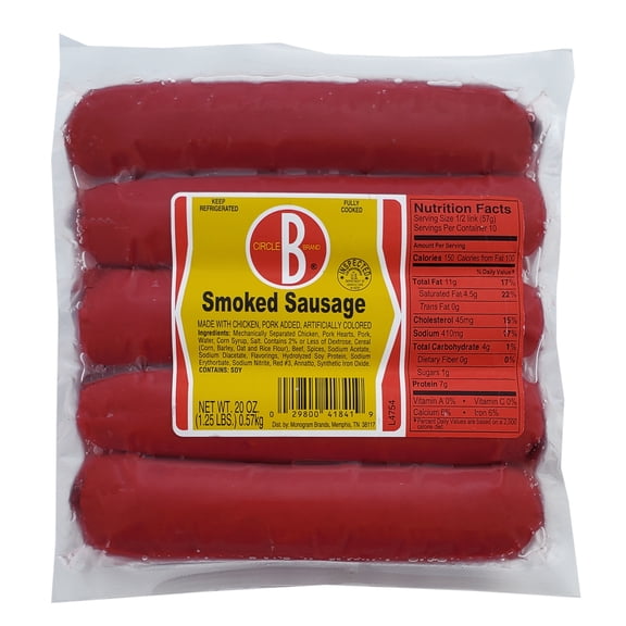 5 Count 20 oz Circle B Mild Smoked Sausage Links - Refrigerated in Plastic Wrapped Package with 14g of Protein per Link