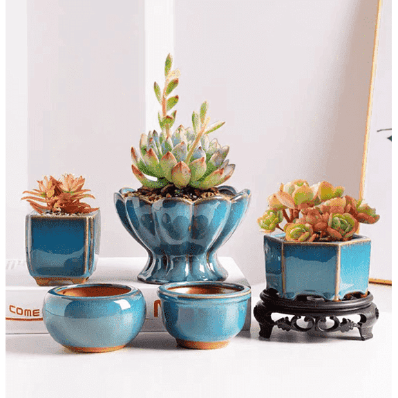 5 Count Assorted Shapes Teal Ceramic Flower Pots