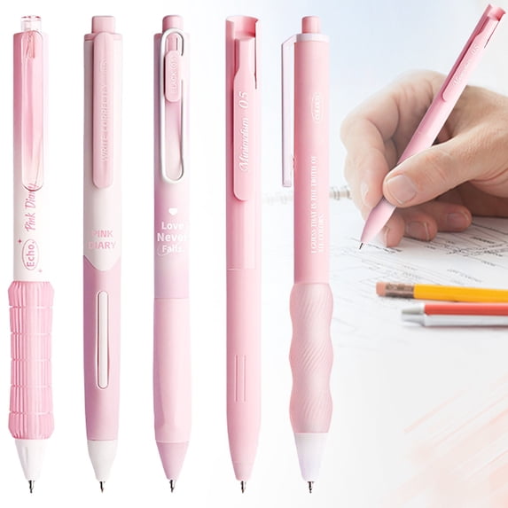 5 Count Gel Ink Pen Set, 0.5mm Fine Point, Smooth Writing No Smear Pens, Retractable Black Ink Pens for Journaling, Aesthetic Office Supplies, Class Note-Taking (Pink)
