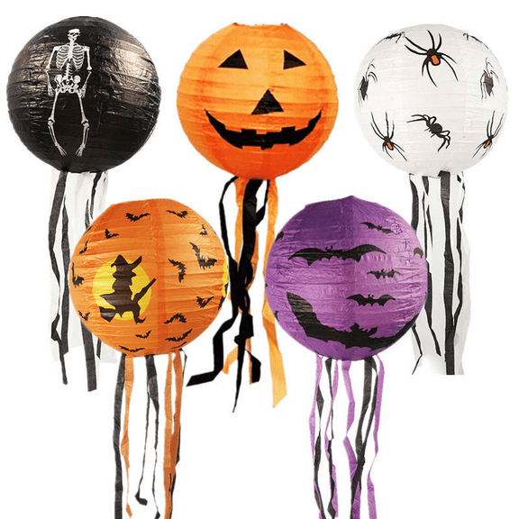 5 Pcs Halloween Hanging Paper Lantern Decorations with Tassels, Foldable Spooky Indoor & Outdoor Party Ornaments