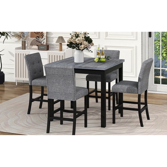 5 Counter Height Dining: Square Table And 4 Upholstered Chairs, Black Frame, Gray Foam Dining Gathering - Table, Chairs In Black/gray