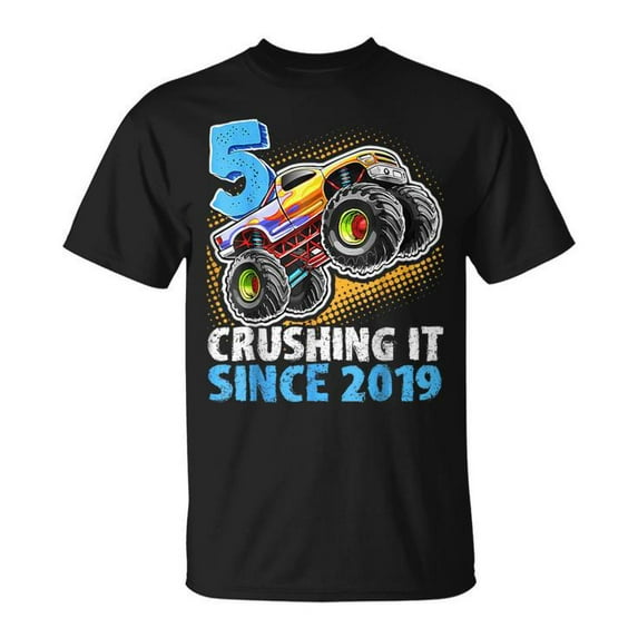 5 Crushing It Since 2019 Monster Truck T-Shirt – 5th Birthday Graphic Tee for Boys, Big Wheels Off-Road Truck Party Outfit, Fun Fifth Birthday Celebration Shirt for Kids