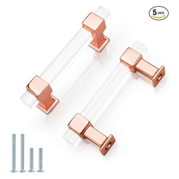 5'' Crystal Drawer Pulls 5 Pack, Clear Acrylic Cabinet Handles Rose Gold Square Knobs for Kitchen Dresser Bathroom Furniture Update, 128mm Hole Centers
